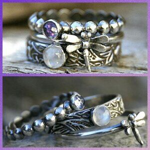 3 Layered Set Boho Dragonfly and Flower Stackable Ring #1119